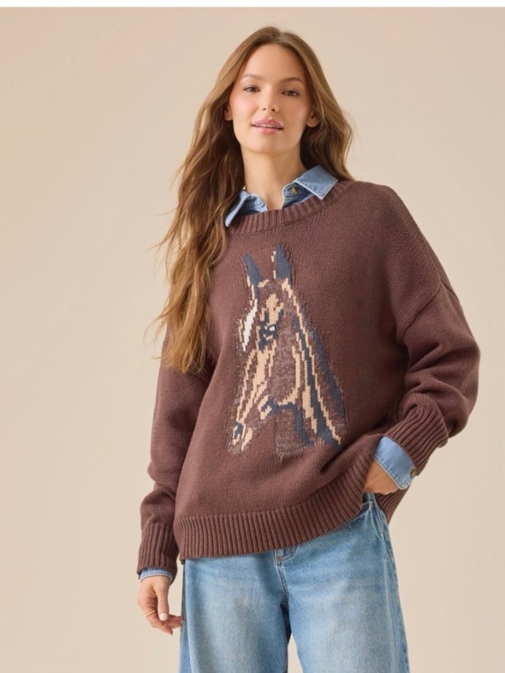 Altar’d State Dakota Horse Sweater Brown Equestrian Western Ralph Lauren Vibe S